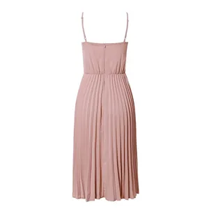 Boutique Solid Pink V-neck Pleated Spaghetti Strap Fit and Flare Knee Length Dress thumbnail 6