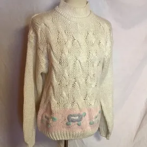 Vintage 80s Hand Knit Turtleneck Sweater | Cream Cable Knit Cottagecore thumbnail 5