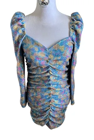 SAYLOR Multicolour Sequin Ruched Bodycon Dress Small Long Sleeve Mini thumbnail 1