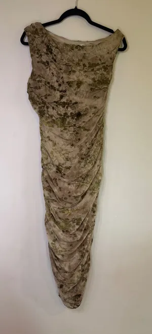 Thirty Thirty LA Green Floral Ruched Mesh Midi Dress Womens Medium Tan Olive thumbnail 1