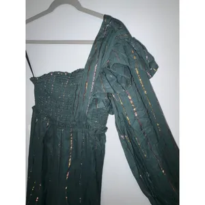 Farm Rio Anthropologie Green Metallic Striped One Shoulder Wide Leg Jumpsuit NEW thumbnail 5