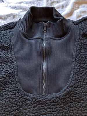 Aerie Charcoal Gray Fuzzy Sherpa Half-Zip Pullover Sweater - Size L Cozy thumbnail 7