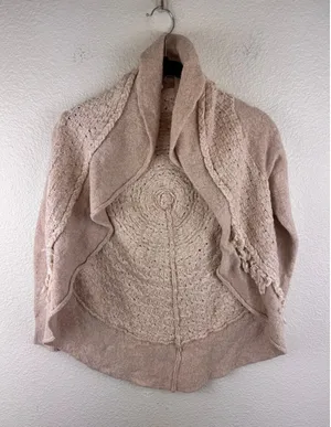 Anthropologie Knitted & Knotted Cardigan Wool‎ Sz S Beige Crochet Fringe Boho thumbnail 1