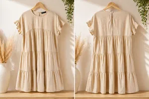 SHEIN Beige Tiered Ruffle Sleeve Mini Smock Dress - Size Small thumbnail 2