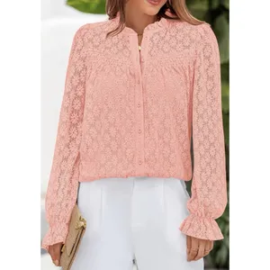 PRETTYGARDEN Women's Lace Long Sleeve Button Down Blouse (Pink, S) thumbnail 3