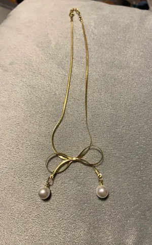 Gold Bow Necklace Pearl thumbnail 1