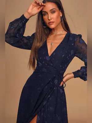 Lulus Evening of Elegance Navy Blue Floral Jacquard Wrap Midi Dress Size XL NWT thumbnail 3
