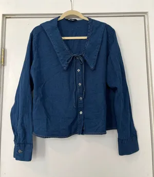 Velvet Heart Dark Blue Button Front Top Tie Collar Denim XL thumbnail 1