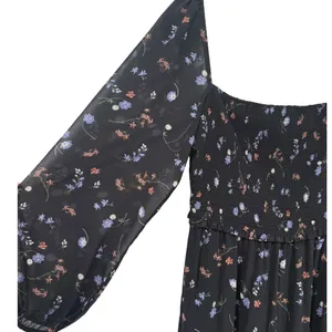 Aritzia Wilfred Black Floral Smocked Square Neck Long Sleeve Midi Dress Sz Large thumbnail 8