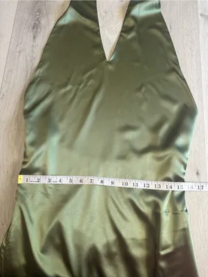 Inewer Backless Halter Puddling Floor Length Satin Gown Olive Green Size 8 NWT thumbnail 6