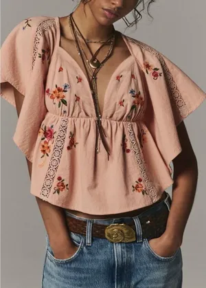 NWT Free People Make Me Yours Blouse - peach combo - Small thumbnail 1
