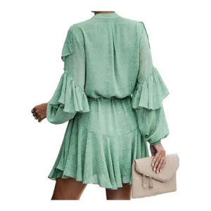 Sage Green Polka Dot Long Sleeve Ruffle Mini Dress Casual Flowy‎ Swing Medium thumbnail 7