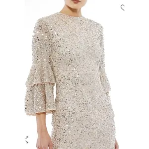 NWT Mac Duggal FULLY SEQUINED TIERED 3/4 SLEEVE MIDI Nude Size 6 thumbnail 2