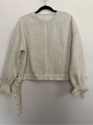 NEW Side Tie Crewneck Sweatshirt Balloon Sleeves Gray Medium thumbnail 2