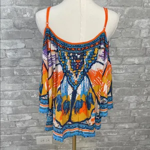 Flying Tomato colorful boho print semi sheer jewel tone cold shoulder top thumbnail 4