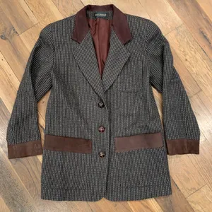 Houndstooth Harve Benard Vintage Leather Trim Blazer Jacket Size Medium thumbnail 1
