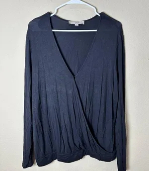 LOFT BLack Wrap Front Super SOft Long Sleeve T Shirt Top w Waist Band Size Large thumbnail 2