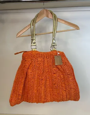 NWT Woven Orange Raffia Tote with Braided Gold Handles thumbnail 1
