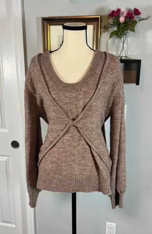 French Connection Women Brown Twist Front Layered Look Wool Blend Sweater Large thumbnail 1