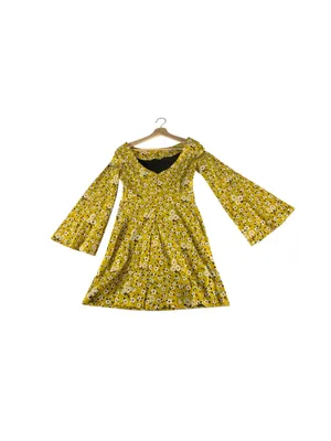 Zara Trafaluc Yellow Floral Mini Dress XS Bell Sleeve Retro 70s Twee Mod thumbnail 3