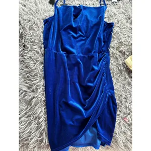 Royal Blue Velvet Cowl Neck Mini Dress Ruched Asymmetrical‎ Tulip Hem Cocktail thumbnail 4