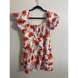 Lost + Wander Poppy Blooms Mini Dress Puff Sleeve White Orange Blue Women Large thumbnail 4
