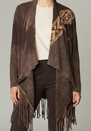 Vocal Women's Brown Aztec‎ Tribal Print Fringe Open Front Cowgirl Cardigan Small thumbnail 1