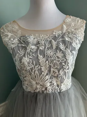 Embroidered Lace Bodice Tulle Maxi Dress in Light Gray and Ivory thumbnail 2