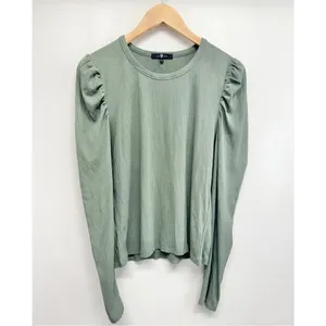 7 For All Mankind Sage Green Ribbed Puff Shoulder Long Sleeve Top Large NEW thumbnail 2
