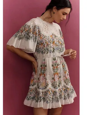 Farm Rio Sweet Bloom Dress Small Mini Bouquet Short Sleeve Eyelet Lace Garden thumbnail 4