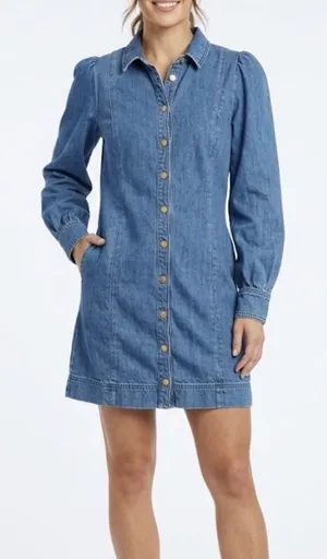 Sézane Organic Cotton Denim Dress Crest Buttons Blue Mini Shirt Dress Size 40 M thumbnail 1