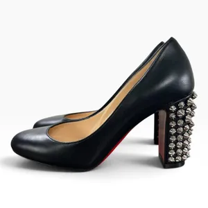 Christian Louboutin Donna 85 Black Leather Silver Spike Block Heel Pumps 35.5 thumbnail 2
