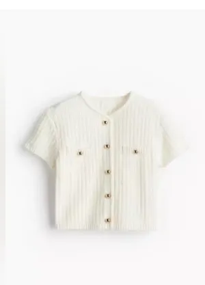 H&M Cream Textured Short-Sleeve Knit Cardigan with Gold Buttons – Size M 🤍 thumbnail 4
