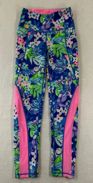 Lilly Pulitzer Luxletic Floral Leggings Blue Pink Mesh Pockets XXS‎ 009750 READ thumbnail 1