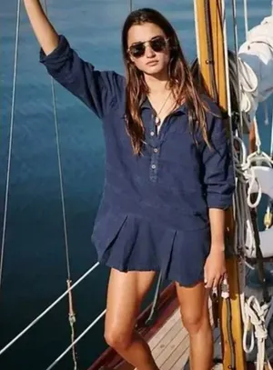 NWOT Free People X Free- Est Checkin' Mini Dress / Tunic Top Blue Oversize thumbnail 1