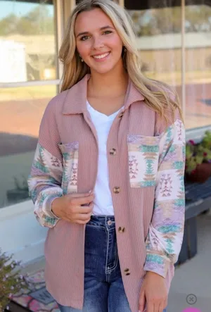 NEW Mauve Pink Aztec Print Corduroy Look Shirt Jacket Shacket thumbnail 1