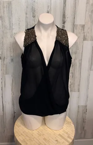 AKIRA Chicago Red Label Beaded Shoulder Drape Top Womens S Black Sheer Chiffon thumbnail 1