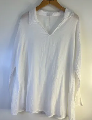 Made in ITALY. 100% cotton.Casual White V-Neck Long Sleeve Dress thumbnail 1