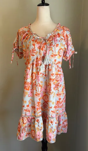 Boho Floral TasselTie Mini Dress Orange Pink Blue Retro boho cottage fairy M NEW thumbnail 1