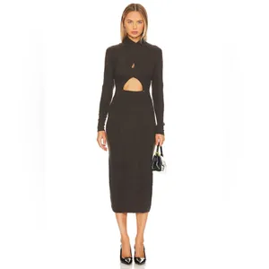 ASTR Spencer Dark Mushroom Cutout Mock Neck Knit Midi Sweater Dress Small NWT thumbnail 3