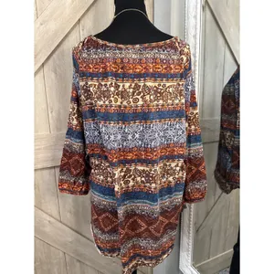 Tru Self Women XL Boho Tapestry Print Tunic Top Rust Blue 3/4 Sleeve Scoop Neck thumbnail 2