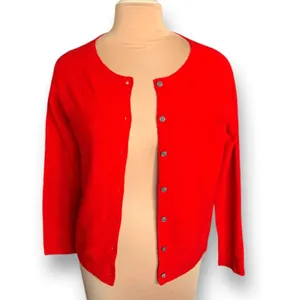 Vintage Bright Cherry Red Ribbed Knit Button Front Round Neck‎ Cardigan Sweater thumbnail 7