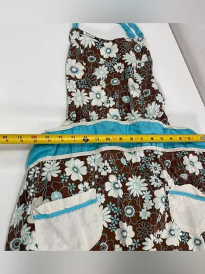 Vtg Retro Style Kitchen Apron Blue Brown Pockets Floral Print Ruffles Coquette thumbnail 3