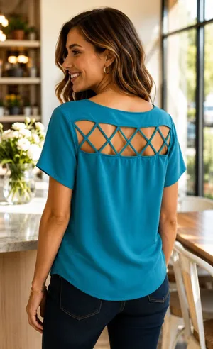 Torrid Teal Blue Lattice‎ Strappy Back Georgette Blouse Size 00 M/L 10 thumbnail 1