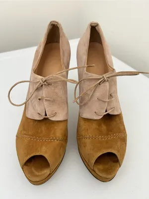 J Crew Peep Toe Suede Oxford Heels Tan Camel Two Tone Size 8 thumbnail 3
