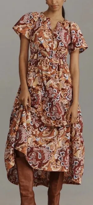 Anthropologie Somerset Maxi Dress S Retro Paisley Floral 100% Cotton Smocked thumbnail 1
