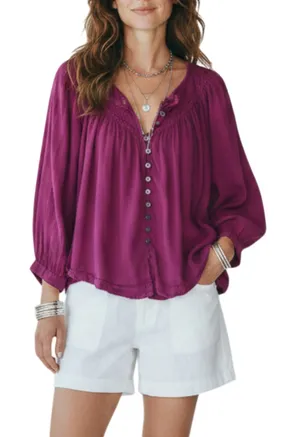 FREE PEOPLE Flowy Pintuck Blouse Sz XS Purple Boho Coastal Breezy Festival Beach thumbnail 1