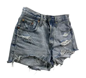 Levis Premium Womens W24 Distressed Denim Shorts High Rise Cutoff Acid Wash 501 thumbnail 1