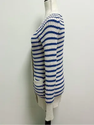 J Crew Cream Blue Purple Stripe Deep V Neck Snap Button Longer Sweater Cardigan thumbnail 4