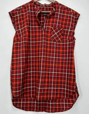 Pendleton Western Blouse Size M Orange Brown Plaid‎ Capsleeve Tunic Button Back thumbnail 1